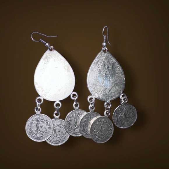 Heavy Boho Earrings 25g Faux Middle Eastern Coin Drops 3” Gypsy Festival Style - Picture 3 of 4